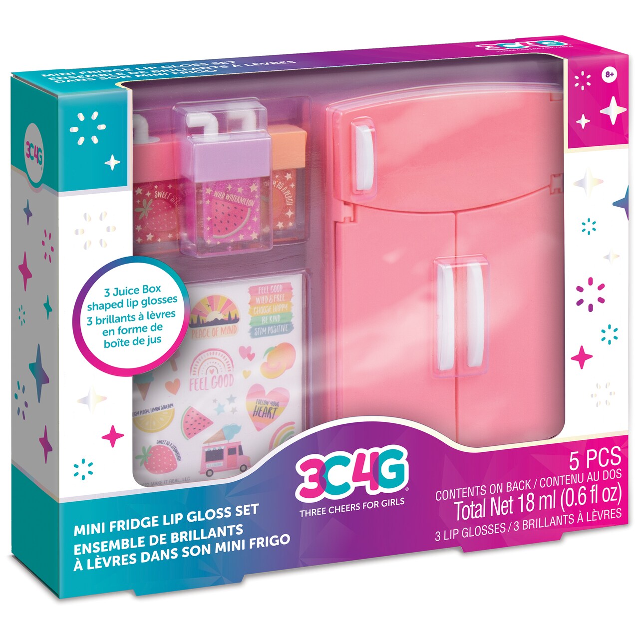 3C4G: Mini Fridge Lip Gloss Set - 5 Piece, Adorable Mini Fridge That Stores Lip Glosses, Make It Real, 3 Juice Box Shaped Flavored Glosses, Make Organization Easy & Stylish, Three Cheers For Girls, Tweens & Girls, Kids Ages 8+